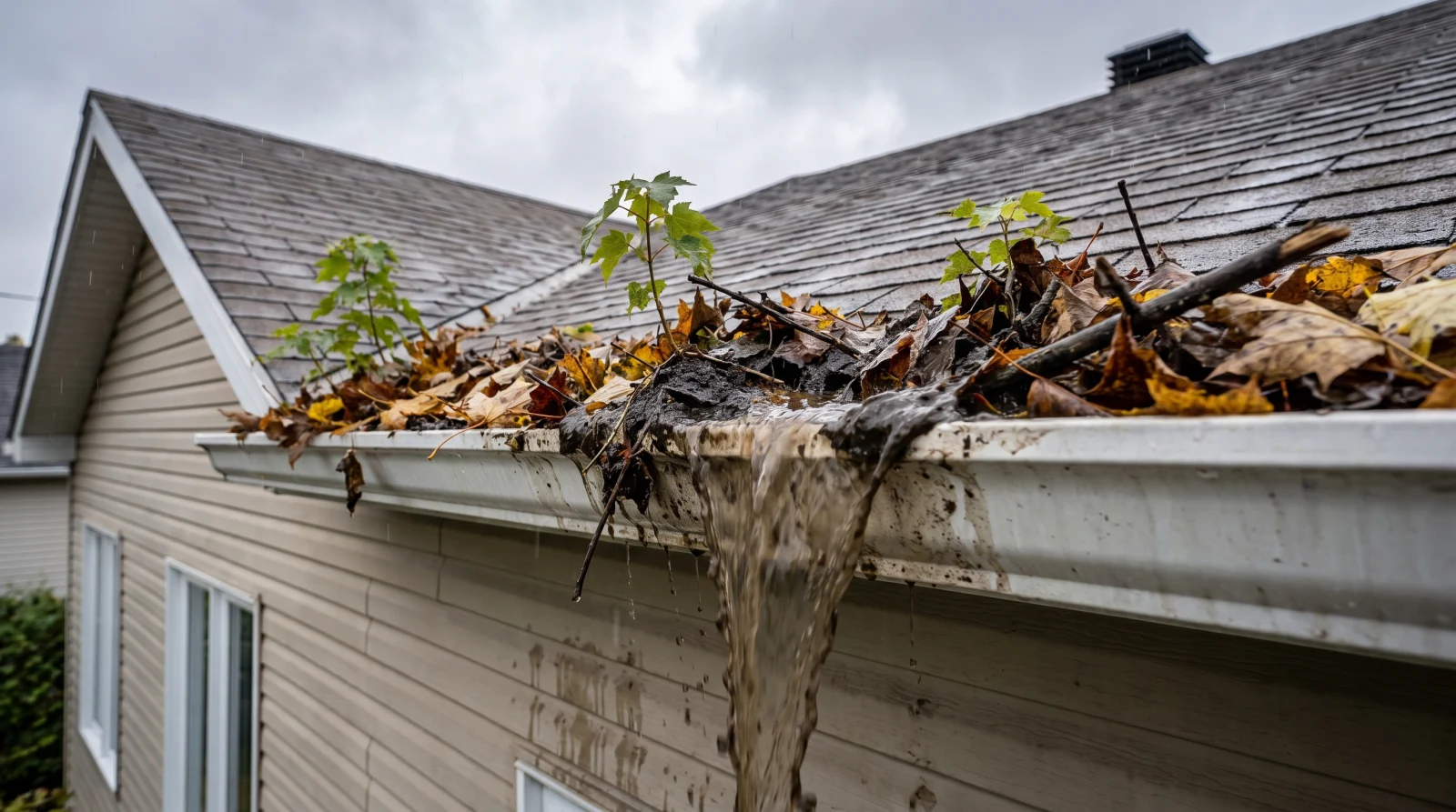 Gouttière bouchée par des feuilles d'automne qui déborde sous la pluie sur une maison de la Rive-Nord