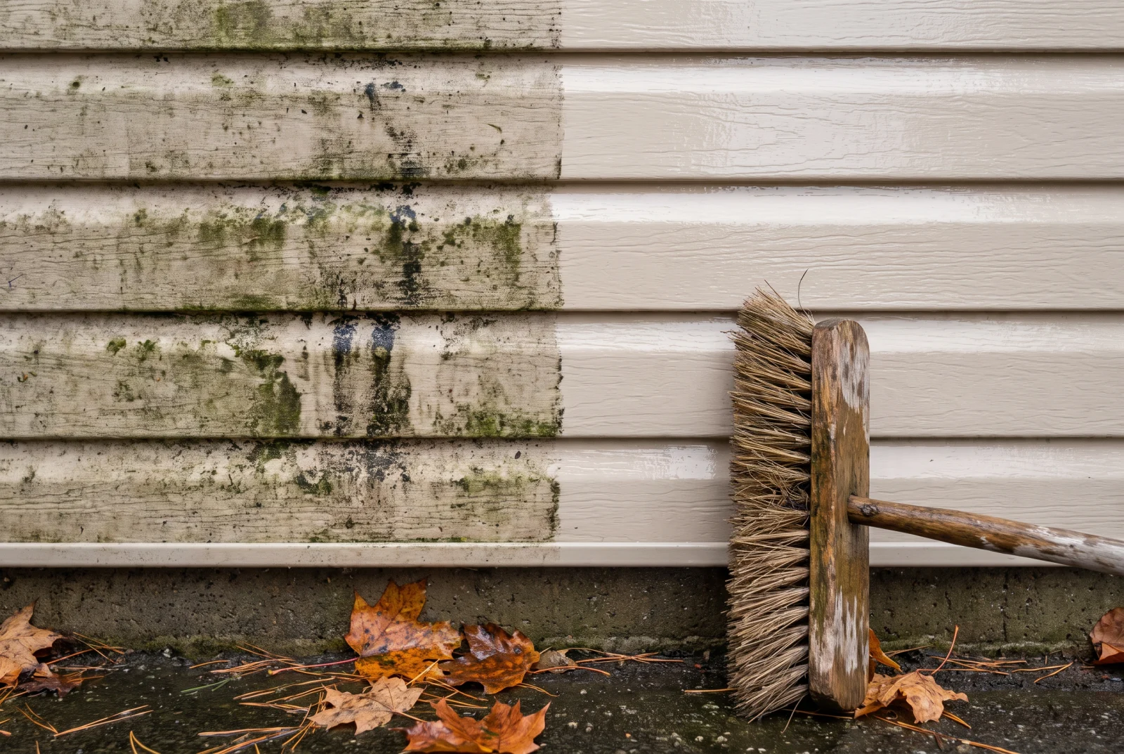 Vinyl siding half washed: moss and grime on the left, clean surface on the right, boat brush leaning against the wall